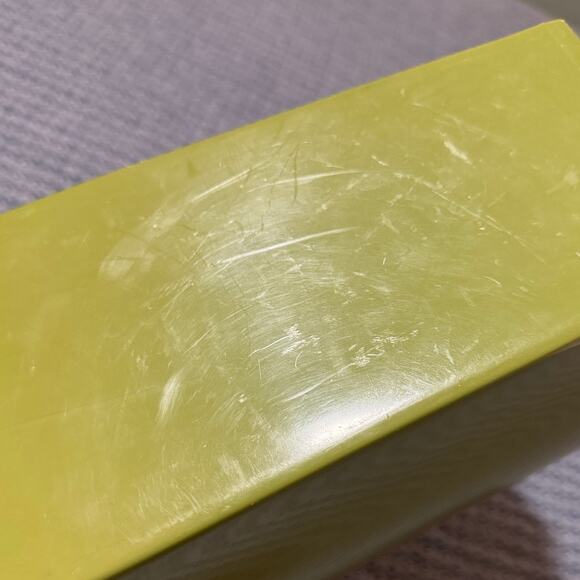 Vintage 70s Avocado Green Small Wastebasket Gold Leaves Mid Century Modern 11" - Picture 10 of 10